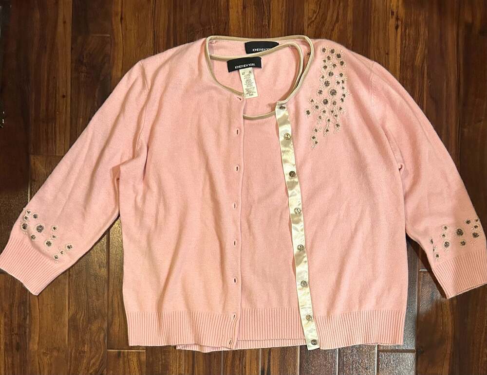 Jones New York Women's Pink Beaded Twin Set Cardigan and Shell Size XL